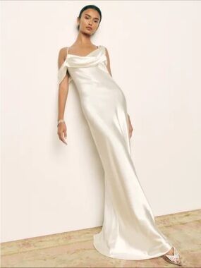 Reformation Satin Ivory Draped Slip Gown